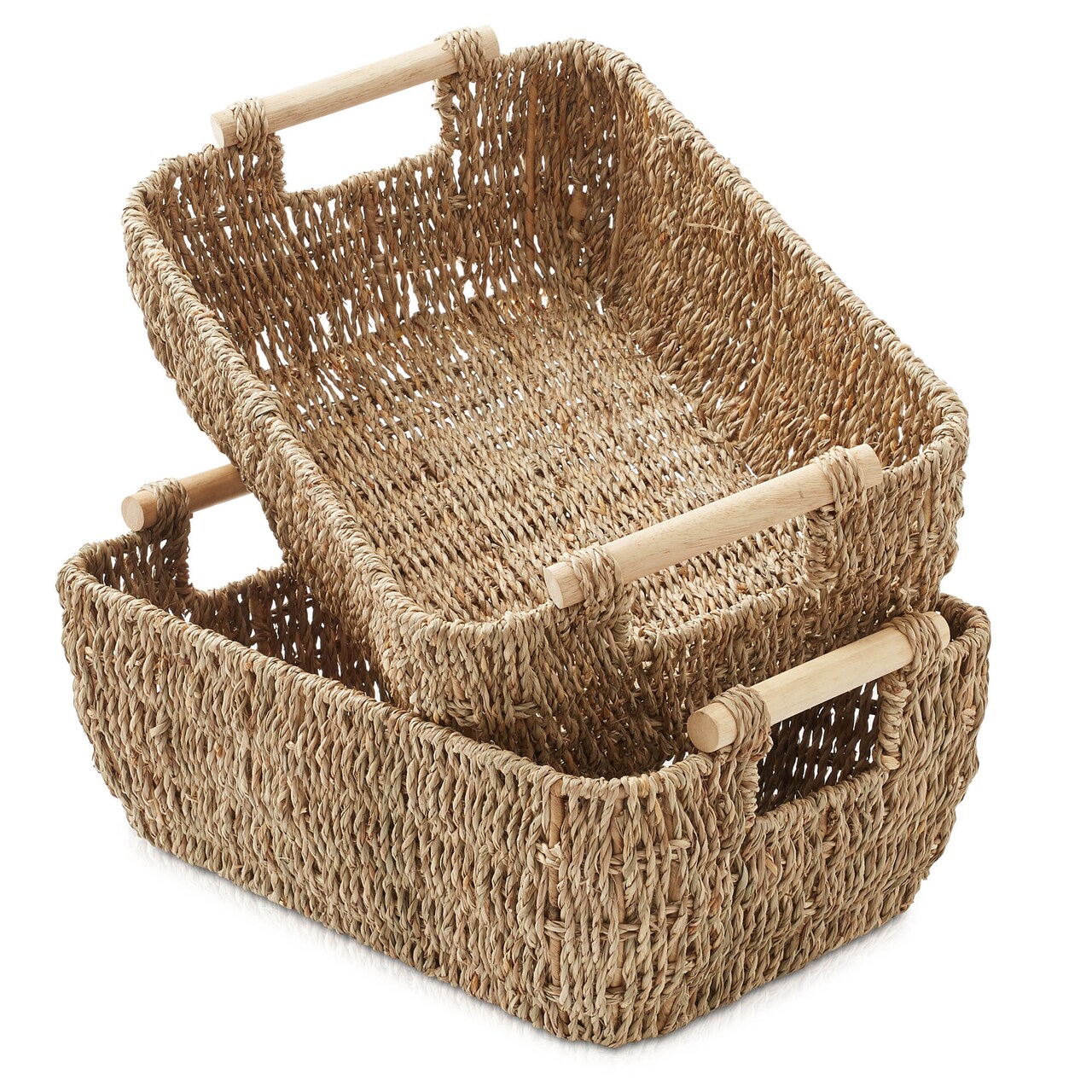 Casafield Set of 2 Water Hyacinth Seagrass Oval Storage Baskets with Wooden Handles - Woven Bin Organizers